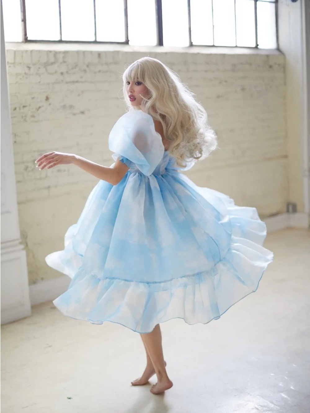 Selkie Sky Blue Organza Puff-Sleeve Gown